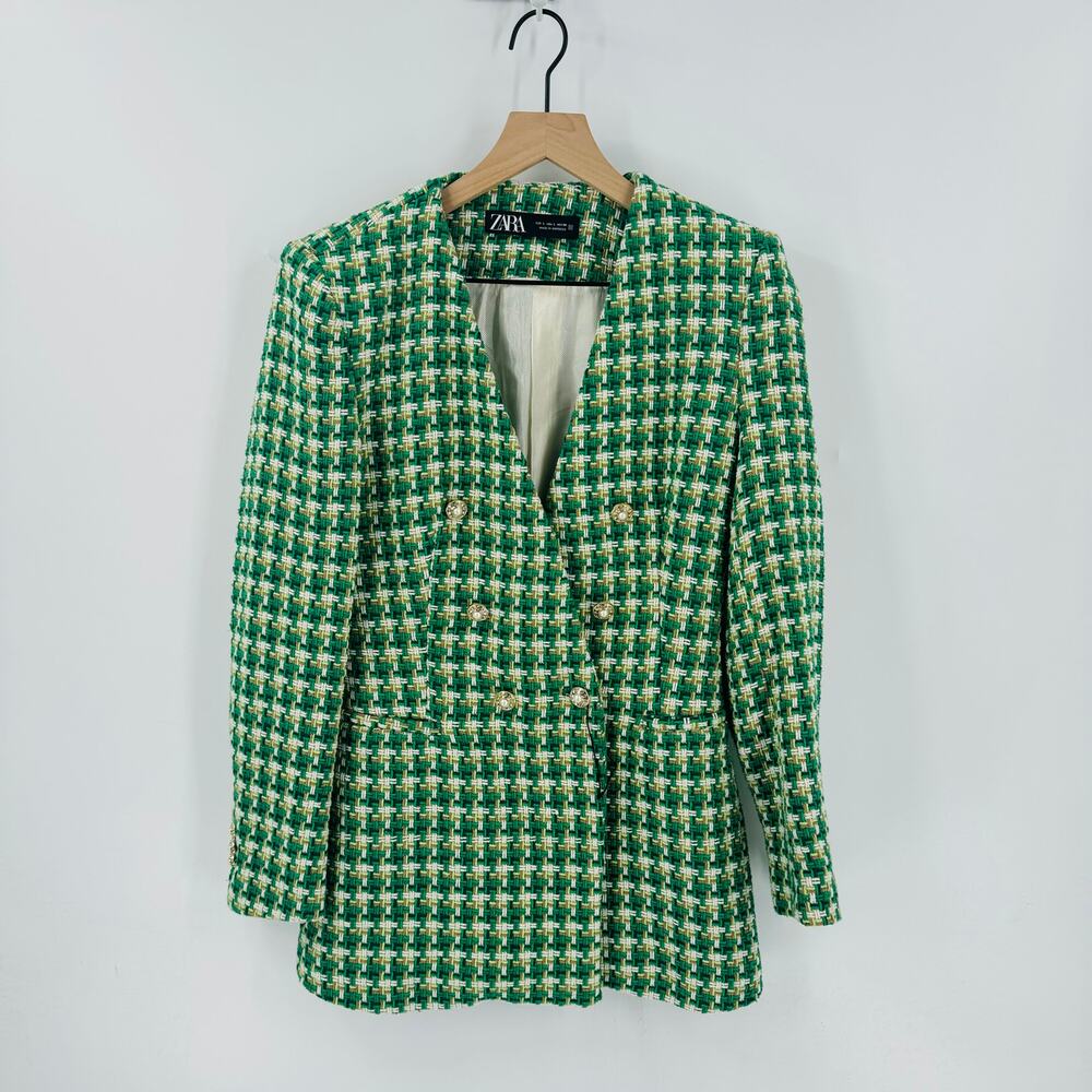 Zara Women's Kelly Green Tweed Jacket Double-Breasted Long Blazer Size Large